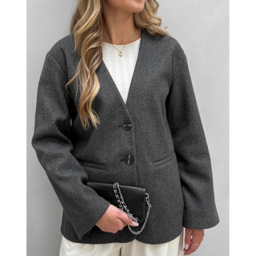 Only Womens XXXL Gray Life Blazer Coat V Neck Front Button Classic Office Chic